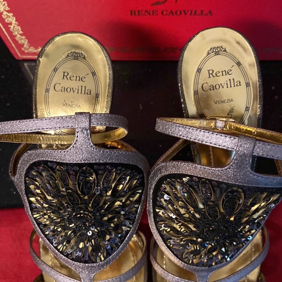 Rene Caovilla "Rosa" Black Sequin Medallions Gold & Platinum High Heel Sandals - Picture 2 of 16